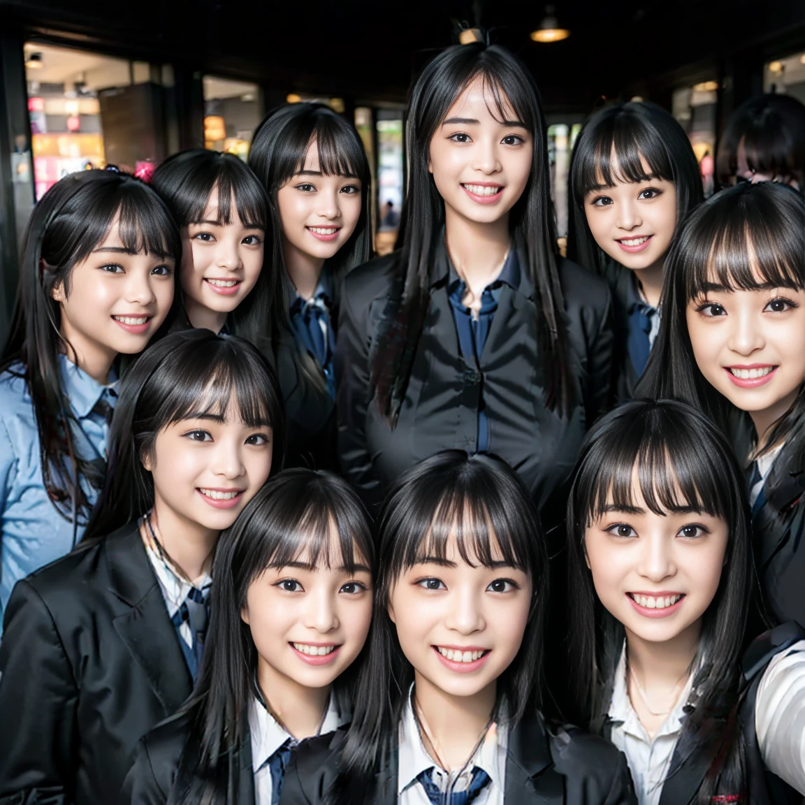 a picture、(((multiple girls))),((((6+girls))))、((10 girls))、The same face、matching school uniform、、Long black hair、10 cute girls、((((Gigantic Breasts))))、a smile、Selfie stick、‎Classroom、Raw photo、same person、Doppelganger、(group portraits)、a junior high  student