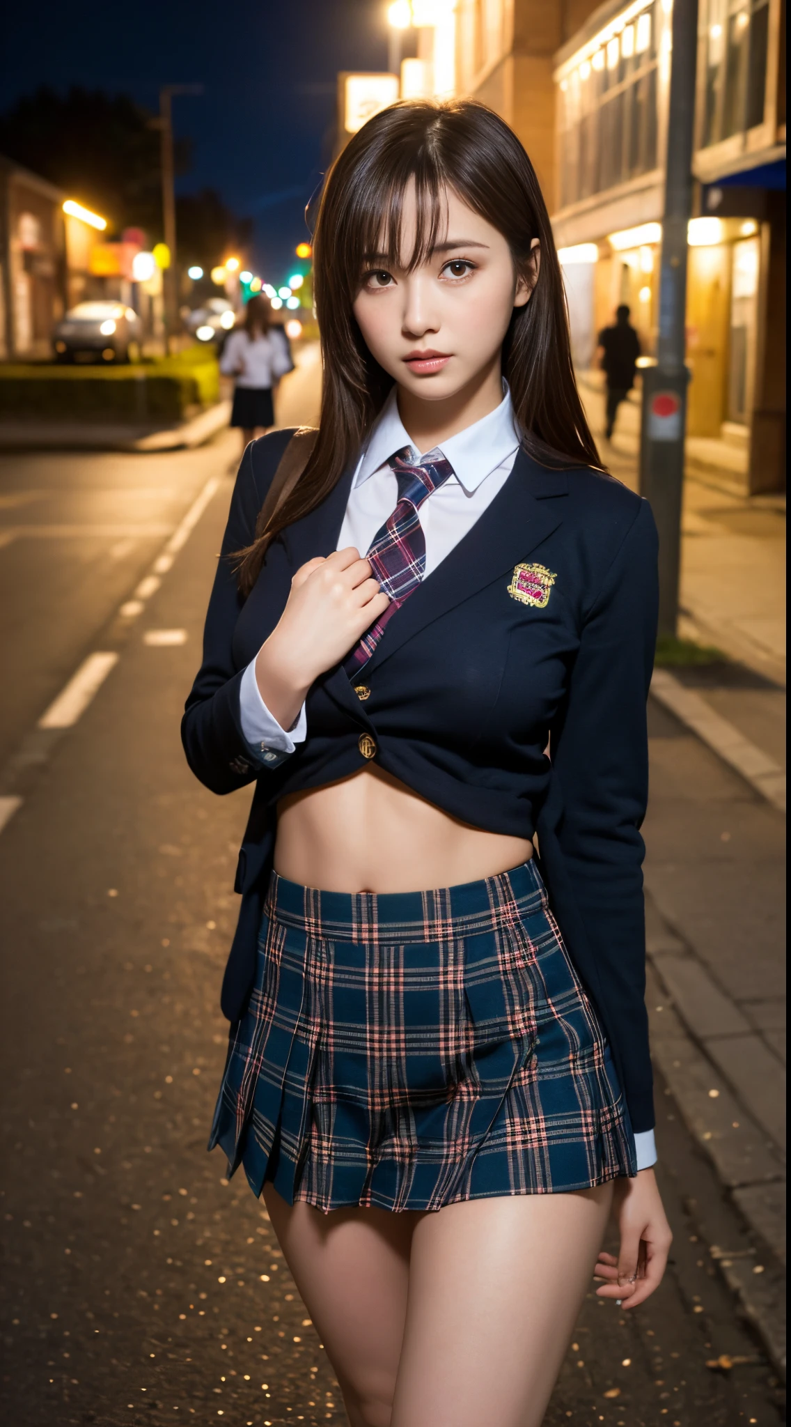 Best quality, masterpiece, ultra high res, (photorealistic:1.4), raw photo, (perfect body shape), (slim:1.2), dynamic pose, 1girl, (full figure:0.9), solo, big breasts, sagging breasts, school uniform, plaid mini skirt, in the dark, night, on the street, deep shadow, low key, cold light 12000K