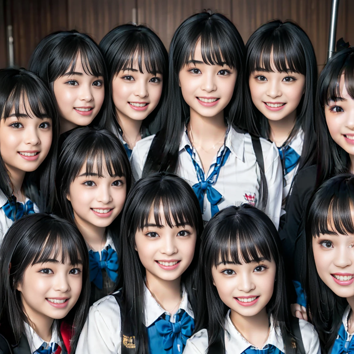 a picture、(((multiple girls))),((((6+girls))))、((10 girls))、The same face、matching school uniform、************、Long black hair、10 cute girls、((((Gigantic Breasts))))、a smile、Selfie stick、‎Classroom、Raw photo、same person、Doppelganger、(group portraits)、a junior high school student