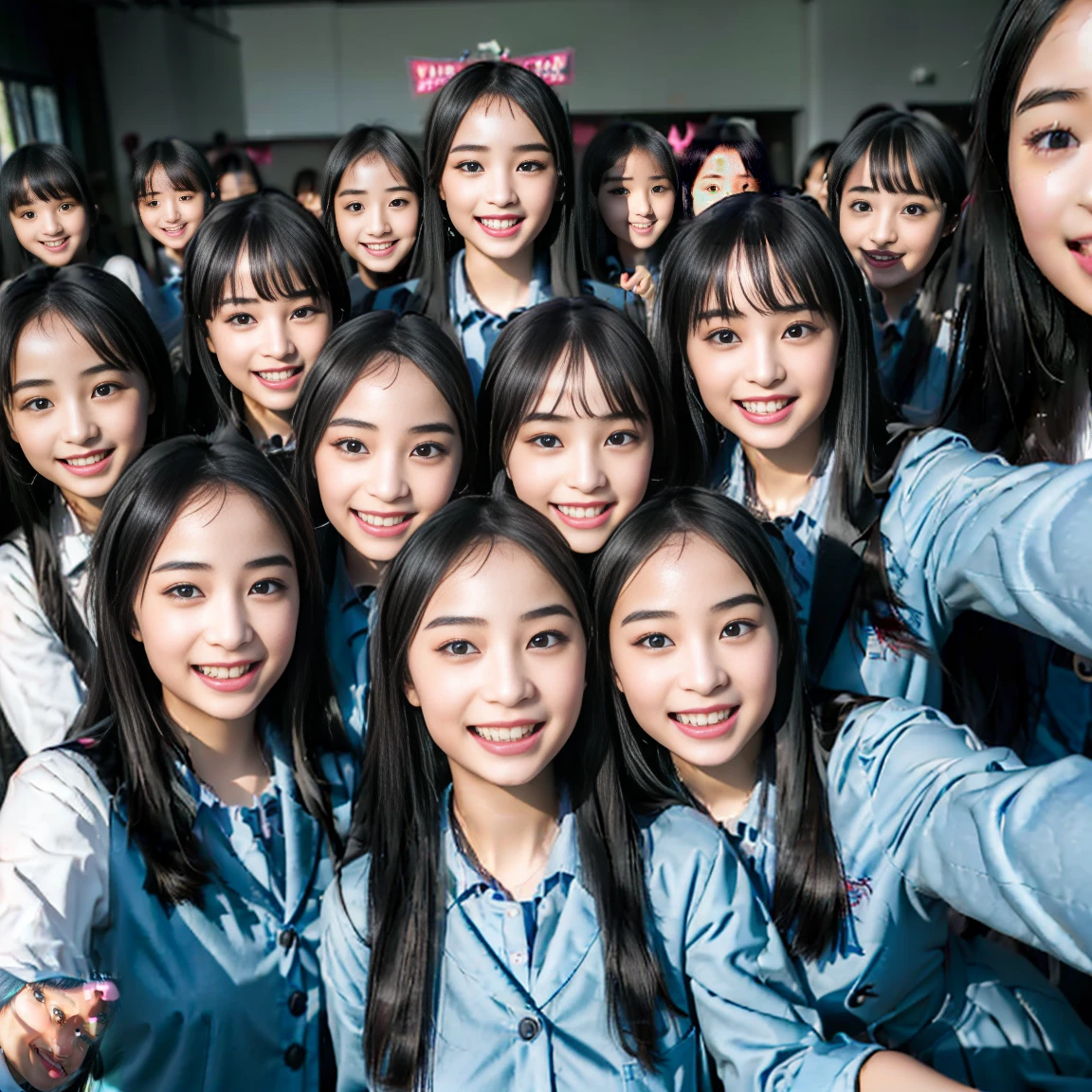 a picture、(((multiple girls))),((((6+girls))))、((10 girls))、The same face、matching school uniform、、Long black hair、10 cute girls、((((Gigantic Breasts))))、a smile、Selfie stick、‎Classroom、Raw photo、same person、Doppelganger、(group portraits)、a junior high  student