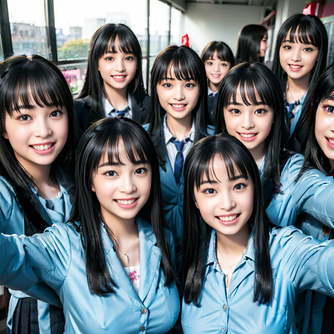 a picture、(((multiple girls))),((((6+girls))))、((10 girls))、The same face、matching school uniform、************、Long black hair、10 cute girls、((((Gigantic Breasts))))、a smile、Selfie stick、‎Classroom、Raw photo、same person、Doppelganger、(group portraits)、a junior high school student