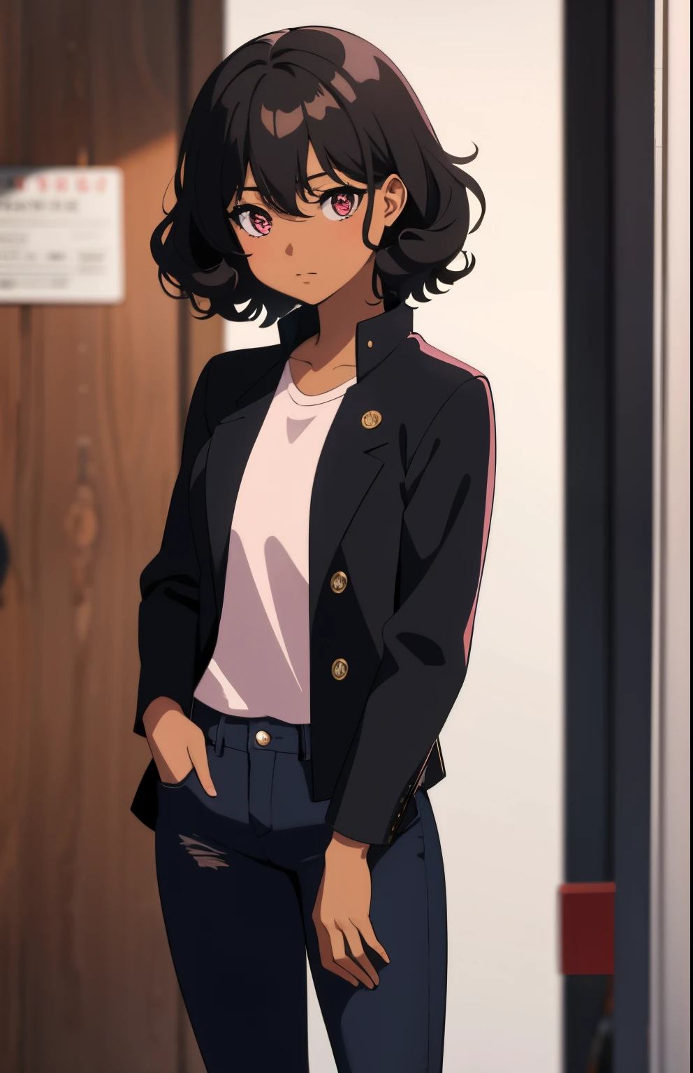 1 girl, brown skin, (masterpiece), curly hair, Small breasts, Black hair, short hair, pink eyes, Black jacket, white shirt, jeans, anime girl, latina,