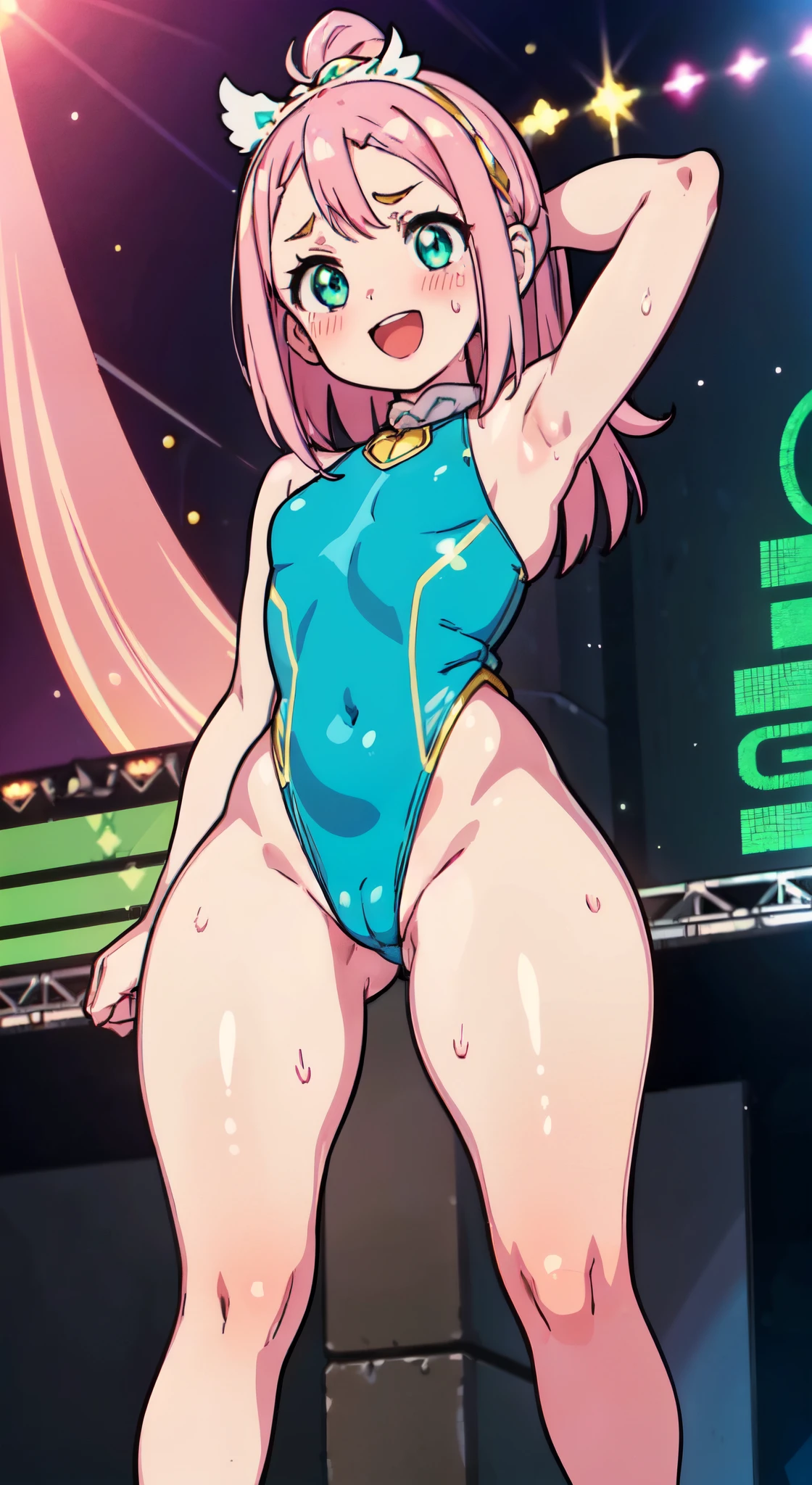 (( 1girl in)), (NSFW)、blush,Pink hair、Parted bangs、Forehead、white forehead protector、green colored eyes、( Red Leotard) ,On stage、flat chest、big butts、((thick thighs))、Sweat、((:D))、Surprised、(Straight hair)、Armpits、Hands behind the head、spreading legs、(White shoulder armor)、Gold decoration、Blue crystal