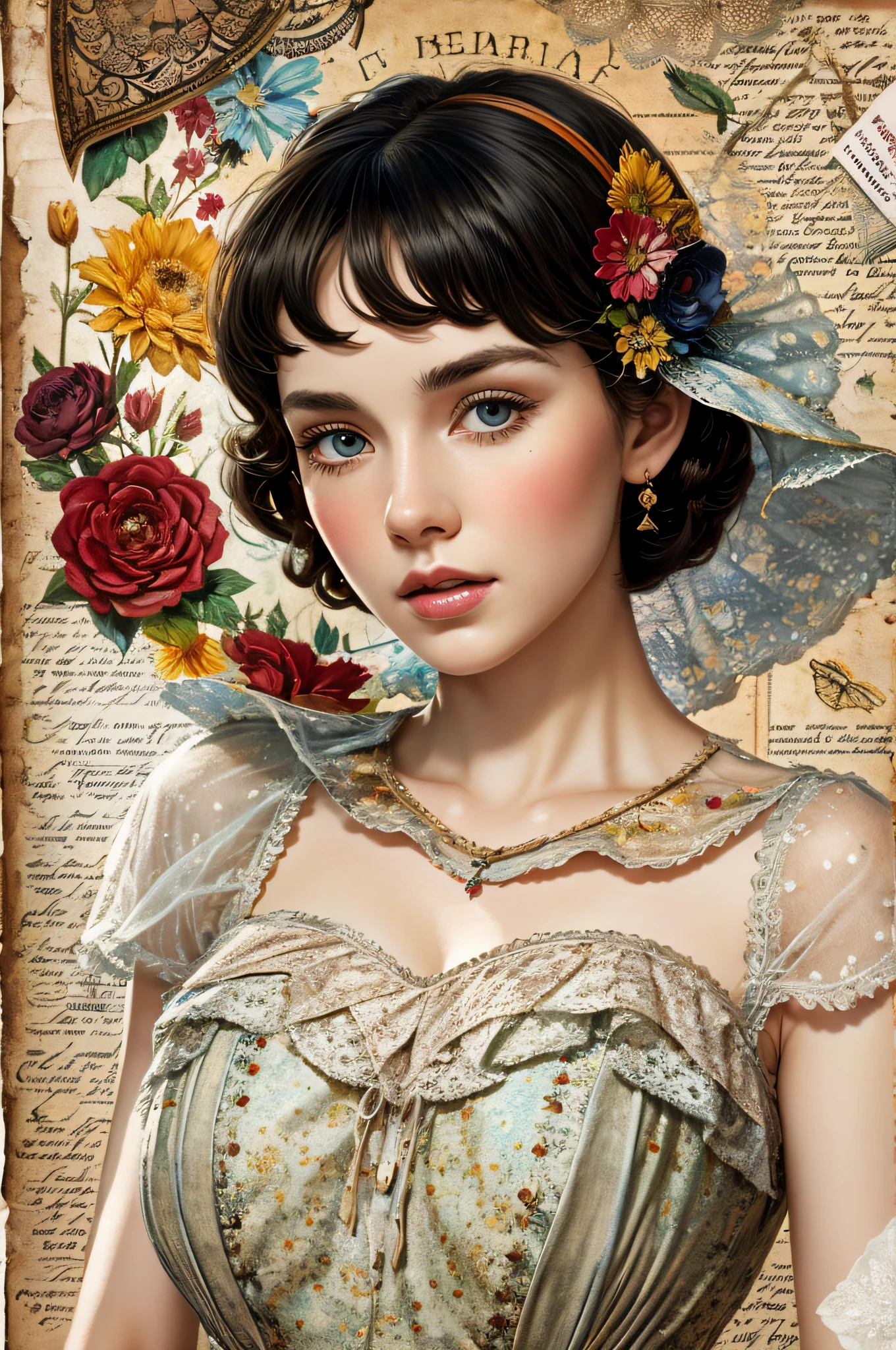 Super detailed alcohol ink painting of gorgeous girl, Made on top of a mixed-media masterpiece patchwork of stress-free vintage script paper, Ephemera, Torn cardboard, Vintage newspaper, Vintage sheet music, Wax Seal, Dress made of paper ruffles and life-size dainty lace, in the style of [Junk Journal, double exposure, Equal to the size of the body, Greg Simkins, Mark Davis, Oliver Jeffers, Andy Kehoe], Cinematic, Stunning, Highly detailed, 8K, dehazed