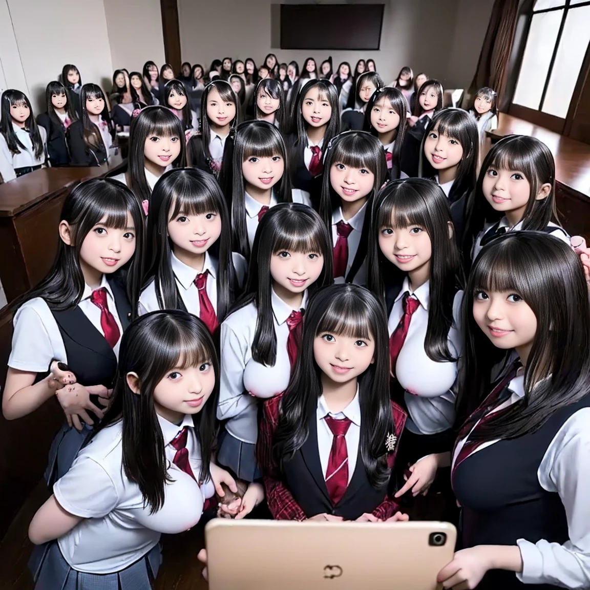 a picture、(((multiple girls))),((((6+girls))))、((10 girls))、The same face、matching school uniform、************、Long black hair、10 cute girls、((((Gigantic Breasts))))、a smile、Selfie stick、‎Classroom、Raw photo、same person、Doppelganger、(group portraits)、a junior high school student