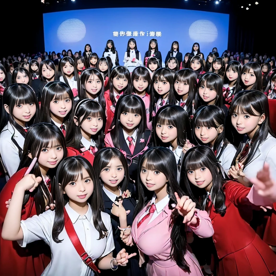 a picture、(((multiple girls))),((((6+girls))))、((10 girls))、The same face、matching school uniform、************、Long black hair、10 cute girls、((((Gigantic Breasts))))、a smile、Selfie stick、‎Classroom、Raw photo、same person、Doppelganger、(group portraits)、a junior high school student