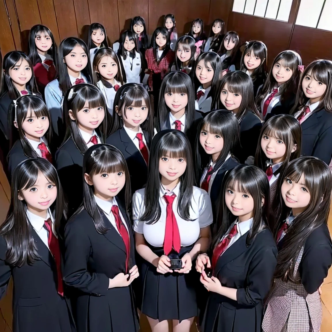 a picture、(((multiple girls))),((((6+girls))))、((10 girls))、The same face、matching school uniform、************、Long black hair、10 cute girls、((((Gigantic Breasts))))、a smile、Selfie stick、‎Classroom、Raw photo、same person、Doppelganger、(group portraits)、a junior high school student