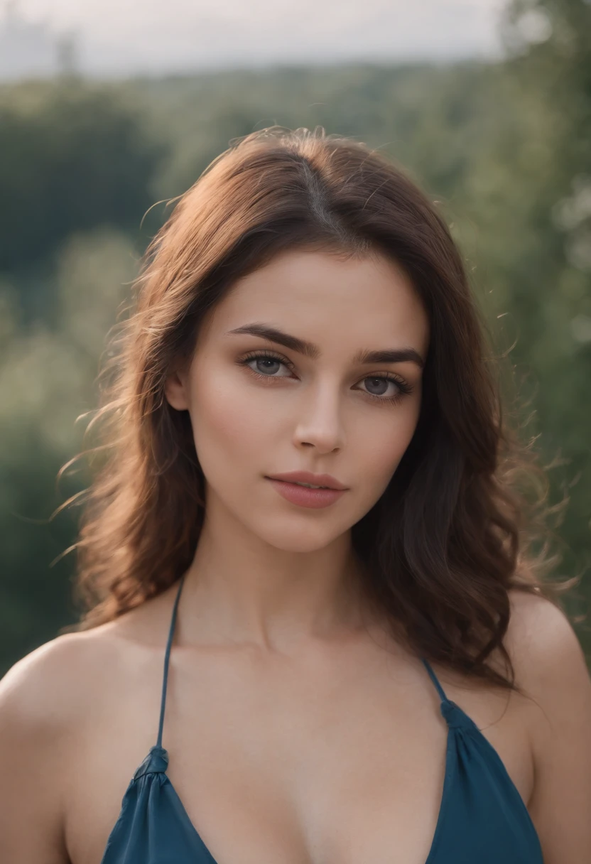 Photo d'une belle fille de 25 ans, brune, latine, beaux yeux, sexy, Gros plan, jeune, DSLR, 8k, 4K, ultrarealistic, Realstic, peau naturelle, textured skin, angle dynamique, gros seins, soleil, ciel bleu, nature, bikini, haut du corps