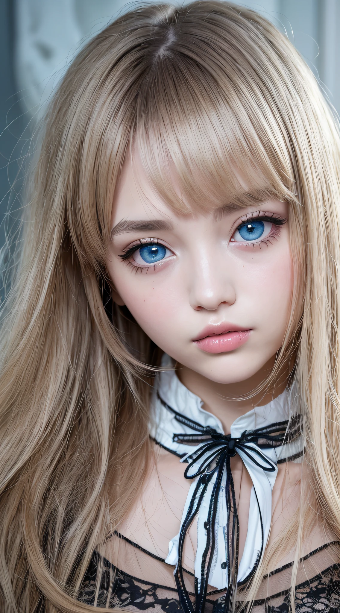 (a closeup:1.4)、(RAW shooting:1.2)、(Photorealsitic:1.4)、(​masterpiece:1.3)、(top-quality:1.4)、bright expression、exquisitely beautiful girl、Extraordinary beautiful girl、Detailed cute and beautiful face、Beautiful bangs、alice in the wonderland、Glowing white shiny skin、facial hairs、Bangs that extend to the face、Bangs between the eyes、Super long hair、Attractive light and dark platinum blonde super long straight silky hair、finer hair、Attractive glowing beautiful bright clear light blue big eyes、White Apron、Yellow dress、eye liner、Double eyelids、Lush bust、The upper part of the body、