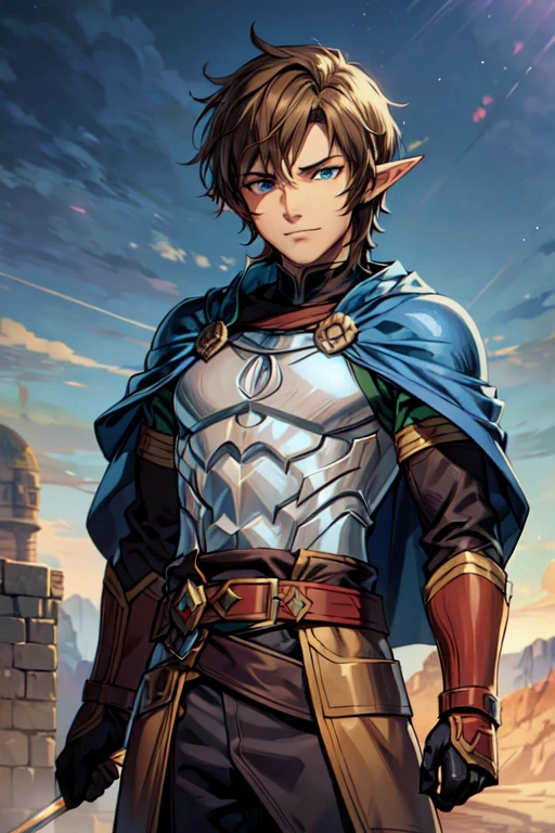 high detailed half-elf male, elf, brown_hair messy_hair smiling_face, green_eyes, scar_across_eye, pointed_ears, tan, armor breastplate blue_cape, leather_gloves, belt, belt_pounch, sword, sheath, paladin knight, simple_background, male_focus cowboy_shot solo, final fantasy tactics, jrpg, demacia, vox machina style