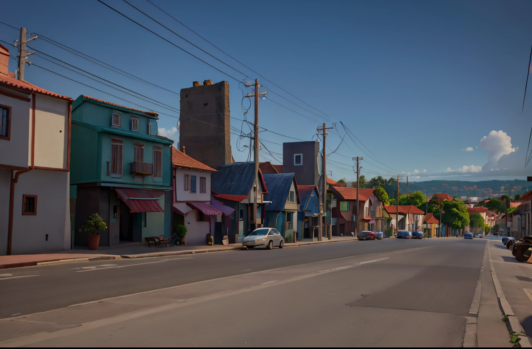 create a city with cobblestone streets in 3D style, incredible landscape of a Brazilian city, inspirado em salvador, naïve art, inspirado em artistas da moda, houses and buildings in the foreground, view of attractive authentic houses with tiled roofs, there are no cars on the street, amazing sky with a little sunset, high angle, Close-up, imagem digital hiperdetalhada, Motor irreal, octane rendering, extremely high quality, texturas de qualidade, Estilo Disney 3D, primeiro plano e antecedentes detalhados, luz difusa global, oil paint , pingando tinta, foco nítido, Attractive Composition, esquema de cores bem escolhido, professional post-production processing, Aquarela, art station trends, foco nítido, Studio photo, detalhes intrincados, altamente detalhado.