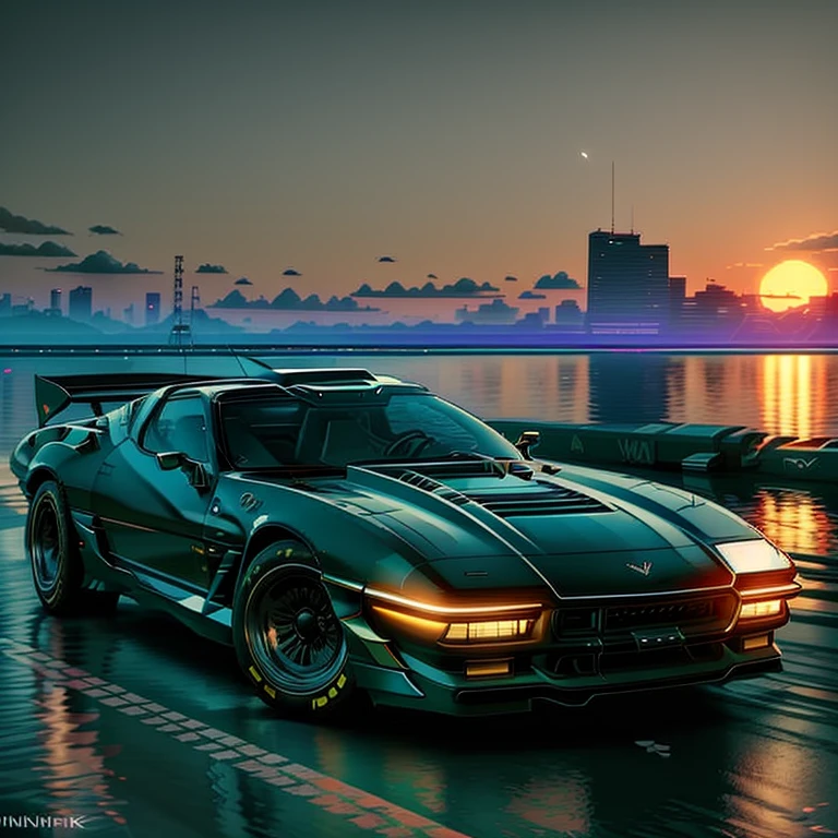 (nvinkpunk:1.2) (SNTHWVE style:0.8) Corvette, lightwave, Sunset, Intricate, Highly detailed