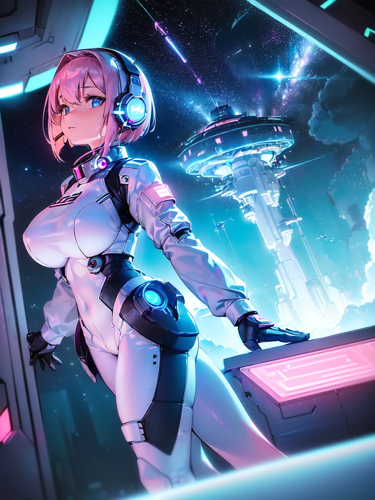 ​masterpiece:1.4, 1girl in ((20yr old, Wearing a futuristic white and silver costume, Tight Fit Bodysuit, long boots, Very gigantic-breasts, (Colorful pink hair):1.3, a short bob, Perfect model body, Blue eyes:1.2, Wearing headphones, Looking out the window of the futuristic sci-fi space station、While admiring the beautiful galaxy:1.2, SFSF control room on night background:1.1, Neon and energetic atmosphere:1.2)) ((Galaxy))