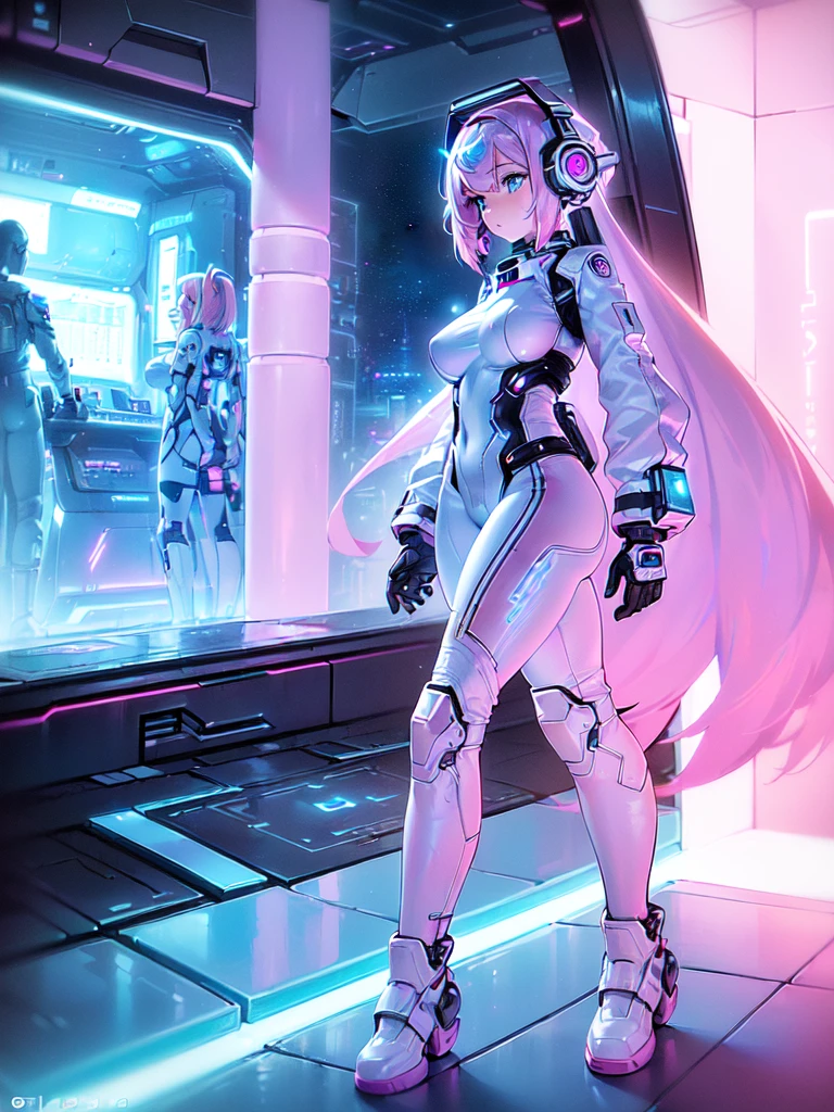 masterpiece:1.4, 1girl in ((20yr old, Wearing a futuristic white and silver costume, Tight Fit Bodysuit, long boots, Very gigantic-breasts, Multicolored blonde hair, a short bob, Perfect model body, Blue eyes:1.2, Wearing headphones, Looking out the window of the futuristic sci-fi space station、While admiring the beautiful galaxy:1.2, SFSF control room on night background:1.1, Neon and energetic atmosphere:1.2)) ((Galaxy))
