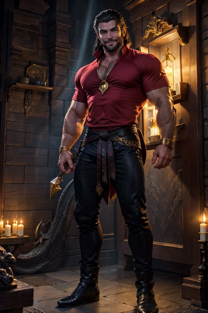 a man with long black hair, blue eyes, beard, smiling, strong pectoral, manly and sexy body, ((full body)), wearing red shirt and black pants, Victorian era style, in the background crystal castle and gold with dragons, Daeni Style Pin, [Daniel F. Gerhartz Style::0.5], UHD image, Rent, 8k, photo-realistic, Epic lighting, Sharp, Realistic, Romantic, focus,