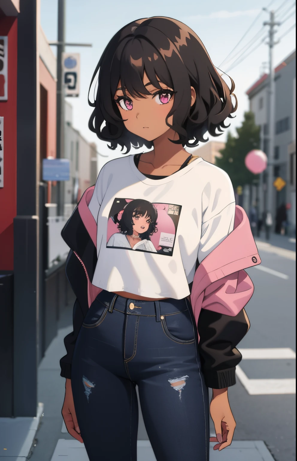 1 girl, brown skin, (masterpiece), curly hair, Small breasts, Black hair, short hair, pink eyes, Black jacket, white shirt, jeans, anime girl, latina,