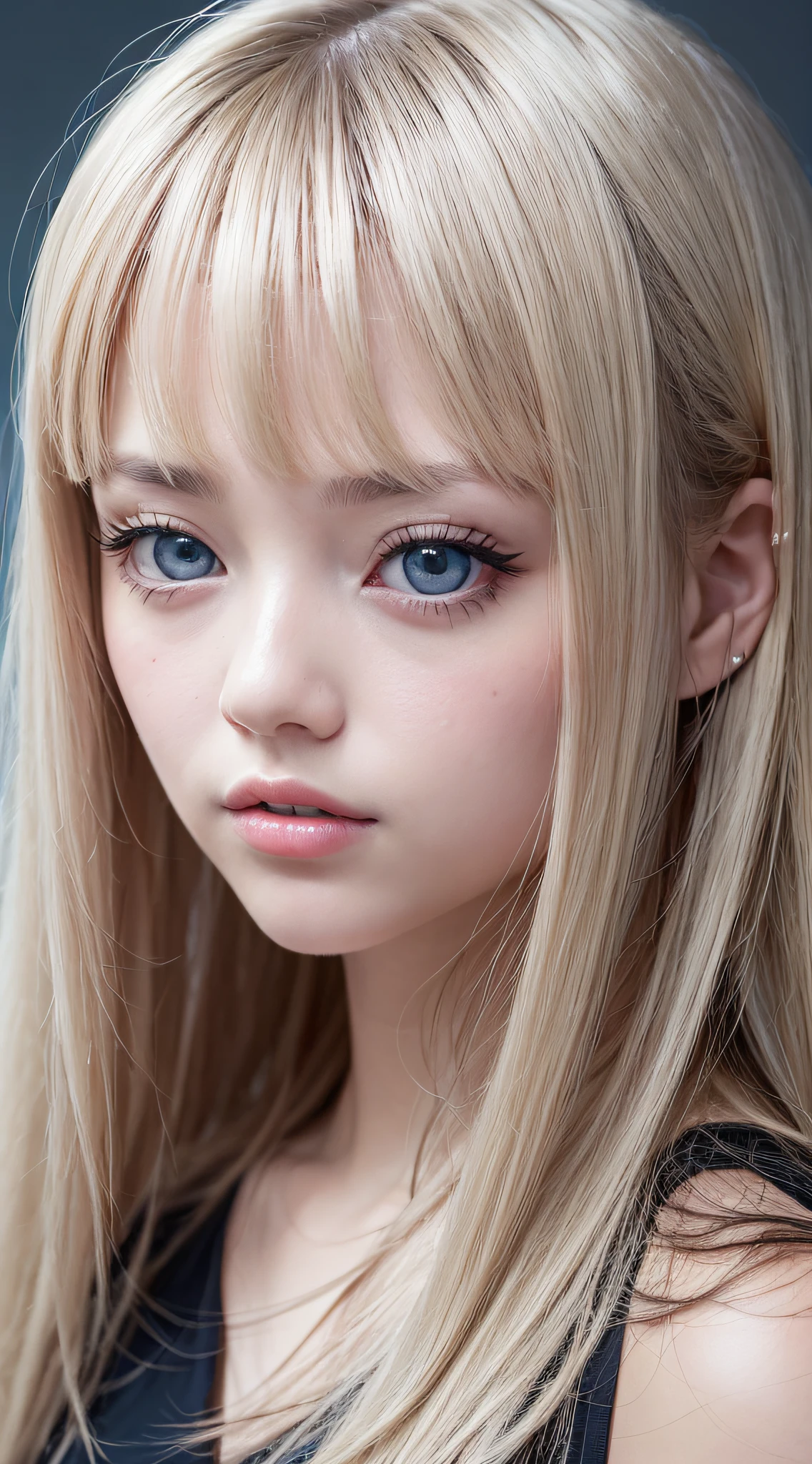 (a closeup:1.4)、(RAW shooting:1.2)、(Photorealsitic:1.4)、(masterpiece:1.3)、(top-quality:1.4)、bright expression、photorealisim、top-quality、超A high resolution、a picture、exquisitely beautiful girl、Extraordinary beautiful girl、Detailed cute and beautiful face、Beautiful bangs、alice in the wonderland、Glowing white shiny skin、facial hairs、Bangs that extend to the face、Bangs between the eyes、Super long hair、Attractive light and dark platinum blonde super long straight silky hair、finer hair、Attractive glowing beautiful bright clear light blue big eyes、White Apron、Yellow dress、eye liner、Double eyelids、Lush bust