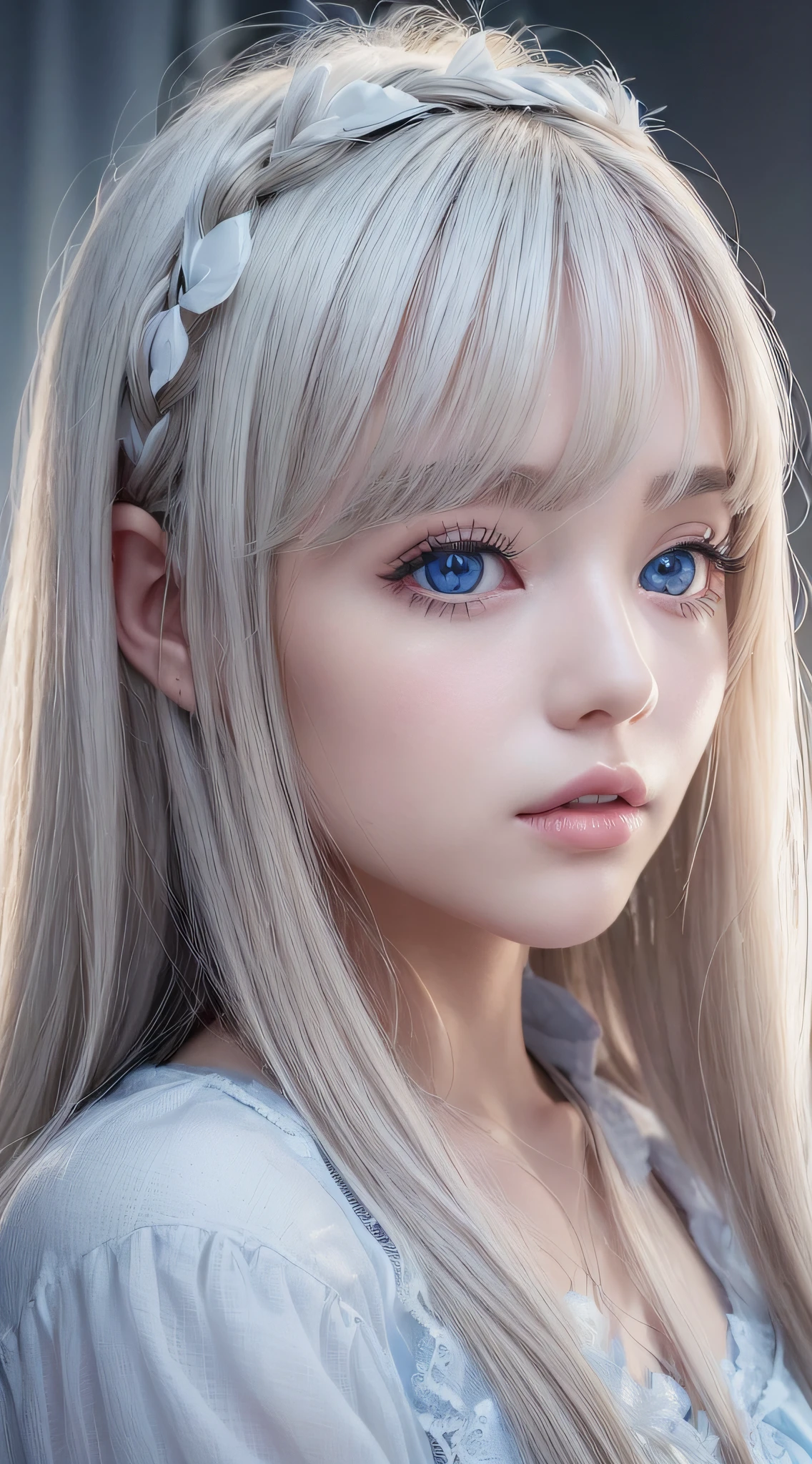 (a closeup:1.4)、(RAW shooting:1.2)、(Photorealsitic:1.4)、(masterpiece:1.3)、(top-quality:1.4)、bright expression、photorealisim、top-quality、超A high resolution、a picture、exquisitely beautiful girl、Extraordinary beautiful girl、Detailed cute and beautiful face、Beautiful bangs、alice in the wonderland、Glowing white shiny skin、facial hairs、Bangs that extend to the face、Bangs between the eyes、Super long hair、Attractive light and dark platinum blonde super long straight silky hair、finer hair、Attractive glowing beautiful bright clear light blue big eyes、White Apron、Yellow dress、eye liner、Double eyelids、Lush bust