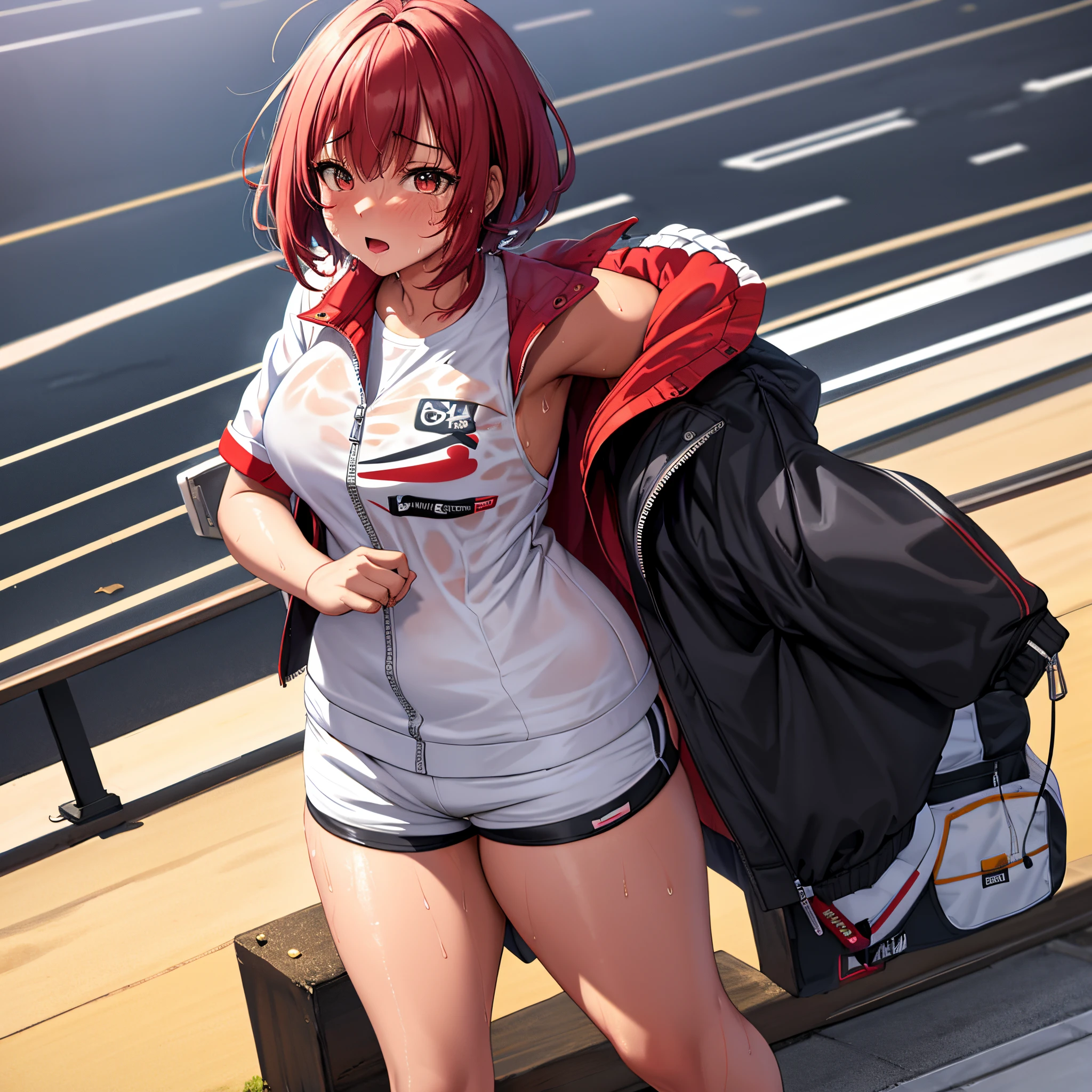 [ 4 k digital art ]!!,degital anime art style,fling on zip jacket,white shirt,short pants,red tracksuit,(tanned skin:1.2),japanese girl,16 years old,thick thighs,wet hair,(sweaty),girl in heat at track field,,,black short hair,