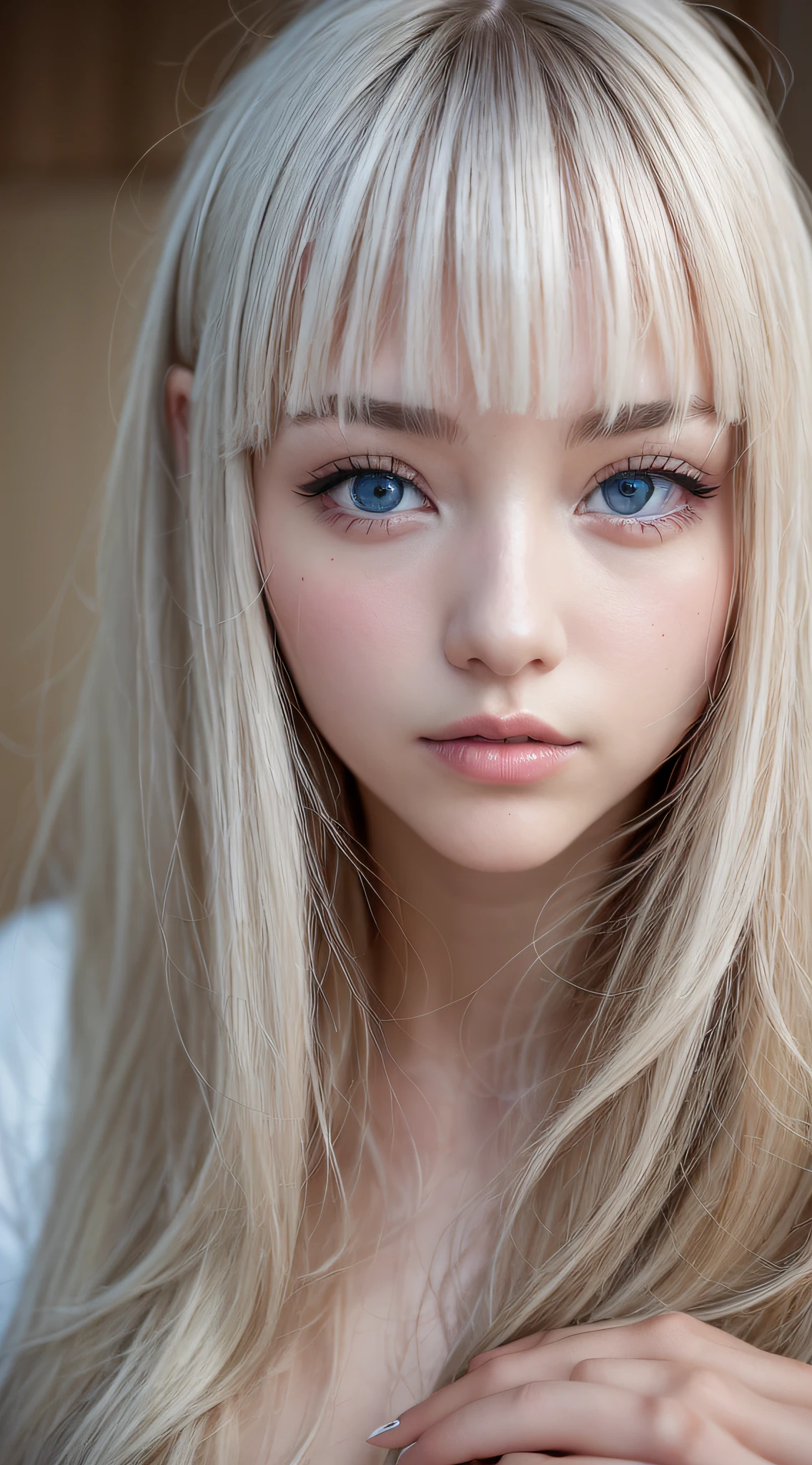 (a closeup:1.4)、(RAW shooting:1.2)、(Photorealsitic:1.4)、(​masterpiece:1.3)、(top-quality:1.4)、bright expression、photorealisim、top-quality、超A high resolution、a picture、exquisitely beautiful girl、Extraordinary beautiful girl、Detailed cute and beautiful face、Beautiful bangs、alice in the wonderland、Glowing white shiny skin、facial hairs、Bangs that extend to the face、Bangs between the eyes、Super long hair、Attractive light and dark platinum blonde super long straight silky hair、finer hair、Attractive glowing beautiful bright clear light blue big eyes、White Apron、Yellow dress、eye liner、Double eyelids、Lush bust