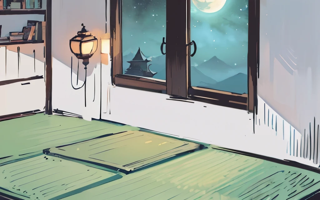 #quality (intricate-detail、ultra-detailliert:1.2,cinematic shot), #nigh sky (Darkness of the night,No light), #Black room at night (No light, 1 candle,Beautiful tatami mats,a lots of books,bookshelf)