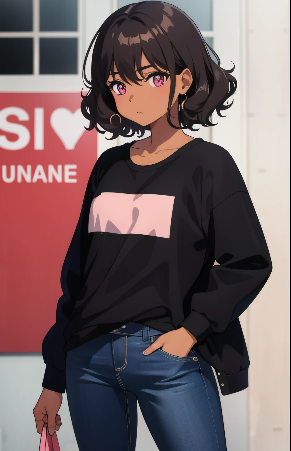 1 girl, brown skin, (masterpiece), curly hair, Small breasts, Black hair, short hair, pink eyes, Black jacket, white shirt, jeans, anime girl, latina,