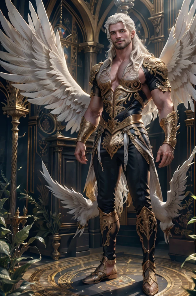 a man ((18 years old)) with long white hair, blue eyes, beard, smiling, strong chest, manly and sexy body, ((full body)), wearing red shirt and black pants, Victorian style, in the background crystal and gold castle with giant birds, Daeni Pin Style, [Daniel F. Gerhartz Style::0.5], UHD image, Rent, 8k, photo-realistic, Epic lighting, Sharp,  Realistic, Romantic, Focus,