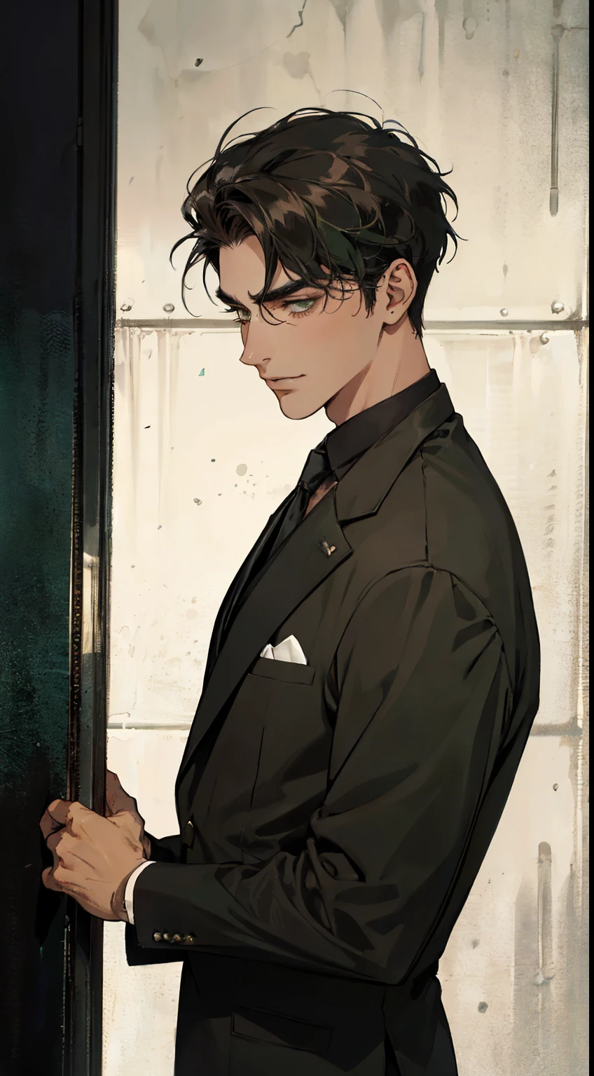 ((One person with a black suit and tie)), taken in the early 1960s, gotham, alejandro, he looks very sophisticated, (((left-side swept black short hair))), (dark green eyes and thick eyebrows), smirk, ((20 years old)), ((masterpiece)), posture dynamic, ((brown skin))
