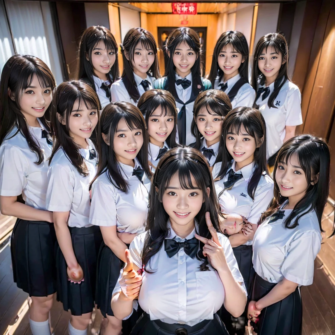 a picture、(((multiple girls))),((((6+girls))))、((10 girls))、The same face、matching school uniform、12 years old、Long black hair、10 cute girls、((((Gigantic Breasts))))、a smile、Selfie stick、‎Classroom、Raw photo、same person、Doppelganger、(group portraits)、a junior high school student