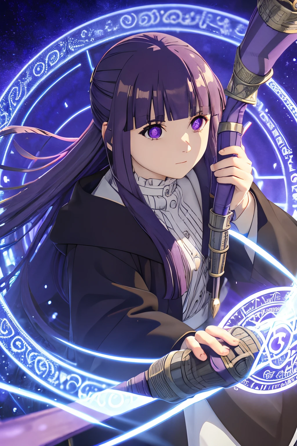 fern, fern_clothes, violet hair, violet eyes, upper body, cute, looking forward, looking at viewer, facing forward, fighting post, attacking pose, magic circle, plain background, flat illustration, 2D, staff, magic staff