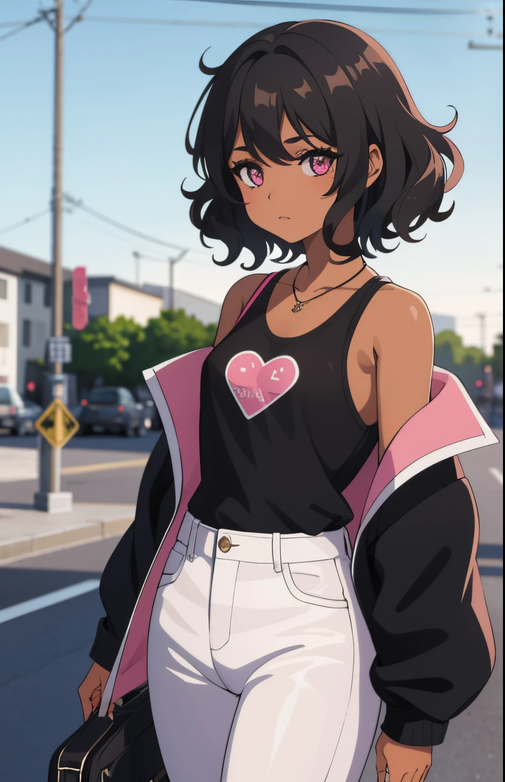 1 girl, brown skin, (masterpiece), curly hair, Small breasts, Black hair, short hair, pink eyes, Black jacket, white shirt, jeans, anime girl, latina,