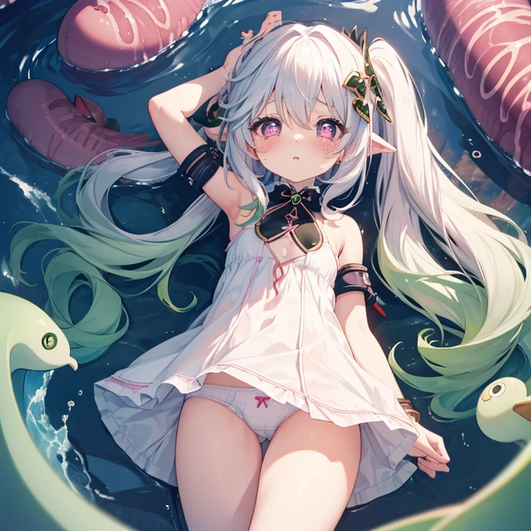 Best Quality, (cute petit girl:1.3), flat chest,Beautiful pink eyes、Lori、(Cuteness beyond limits),(White underwear),lovely thighs,is crying,a miniskirt,Expose panties、(Cute underwear:1.3) , Tentacle erotica、Tentacle erotica、Tentacle erotica