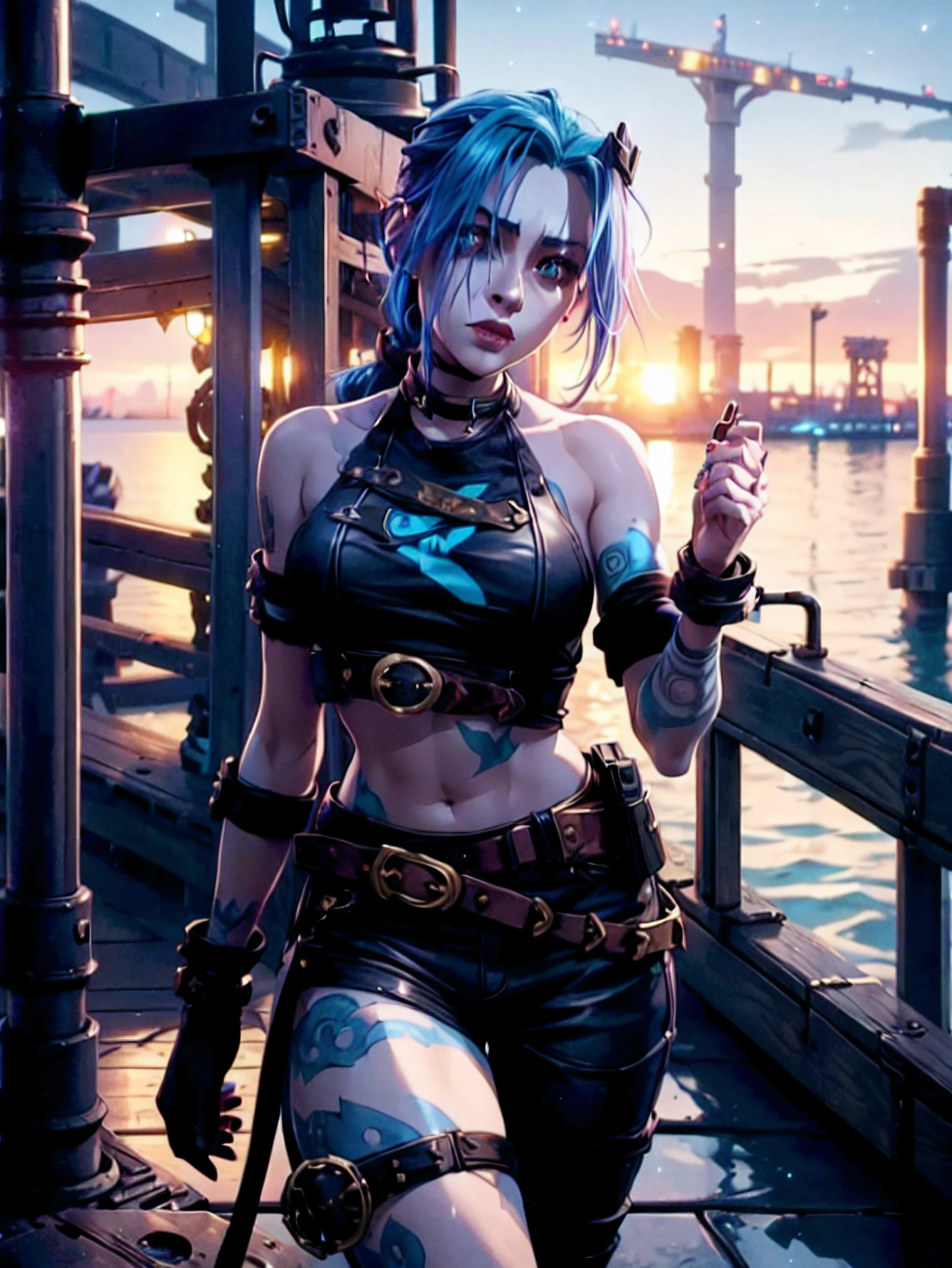 Jinx, League of legends , Arcane. She is on a worn-out pier , near a  wearhouse , industrial steampunk is the theme.There is multiple airships but the dock. Jinx is holding a minigun that is styilised.
Time of day: Fading light of a sunset on the verge of nightfall , mostly Night , sunset is orange and pink however most of it is dark already.
Details: Steampunk, punk , rustic , green orbs with streaks float around her , low angle shot , dark , stylized , celshaded , semi realistic , ultra graphics , ray tracing , unreal engine 5 volumetric lighting.
Poses: Mild pout, she is amused  , walking away with her head turned back , her hands are behind her back, elegant.
Character: Jinx , electric Blue hair , Slender , Pigtails , crop top that reveals her midriff ,skull buckle belt , loose pants , belts and holsters , light blue eyes ,her tattoos, visible on her arms and peeking out from under her arm wraps, fusion of tribal and abstract designs for her tattoos.
(slight pout:1.2),((Mostly Night:1.7)),(Head turning around:1.3), ((Pier: 1.6)) , ((Industrial:1.6)), ((Mini-Gun :1.2)),((Wearhouse : 1.7))