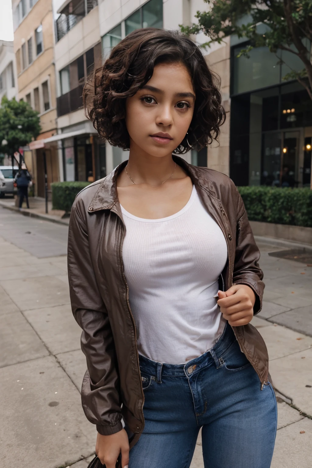 1 girl, brown skin, (masterpiece), curly hair, Small breasts, Black hair, short hair, pink eyes, Black jacket, white shirt, jeans, anime girl, latina,