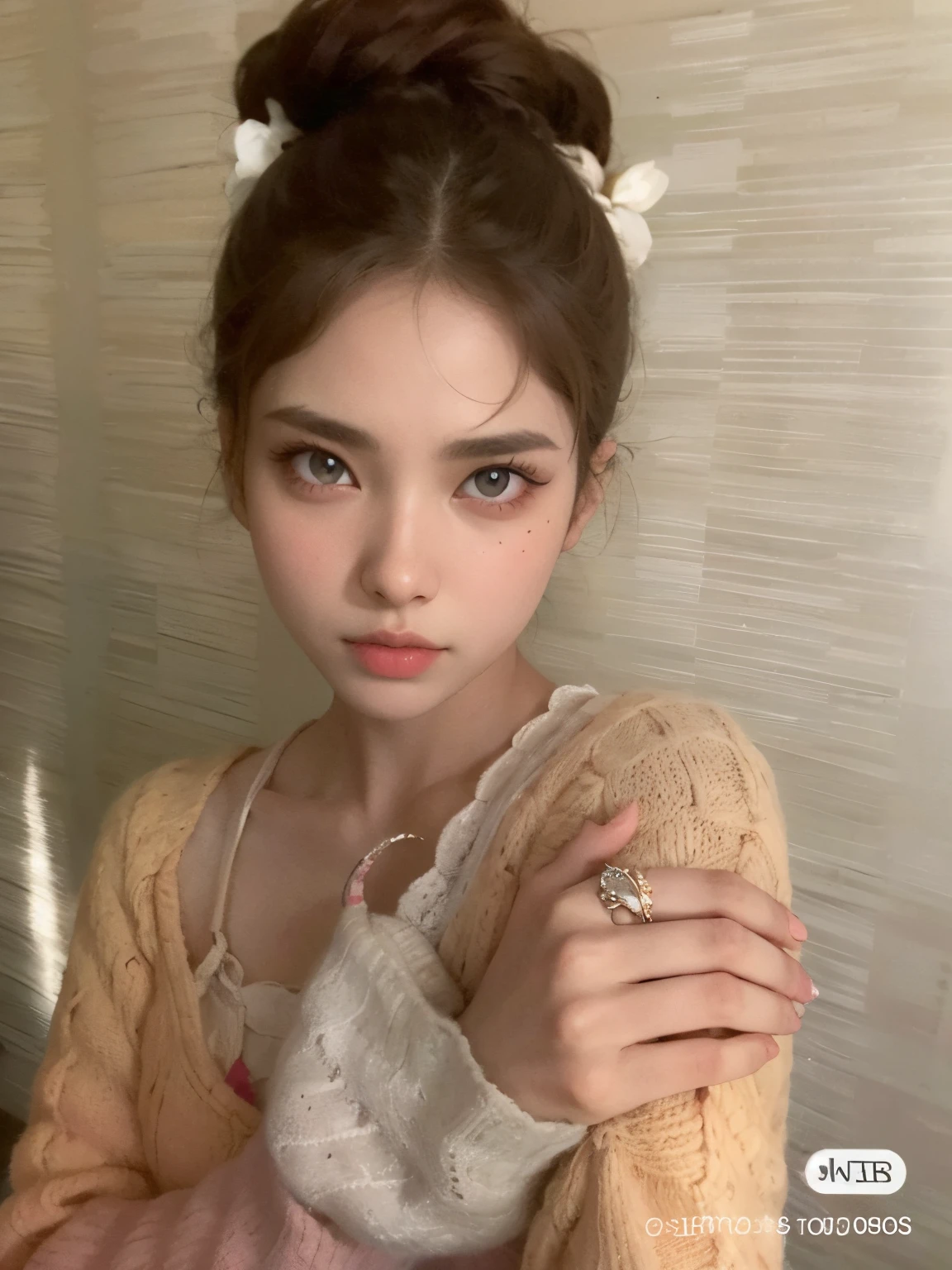 There's a woman with a ring on her finger and a sweater, ulzzang, cara muy bonita, con ojos grandes, brown hair and large eyes, Sakimichan, Hermosos ojos grandes claros, 19 year old girl, Retrato suave disparado 8K, chica muy hermosa, hermosos ojos enormes, hermosa joven, pale-skinned persian girl