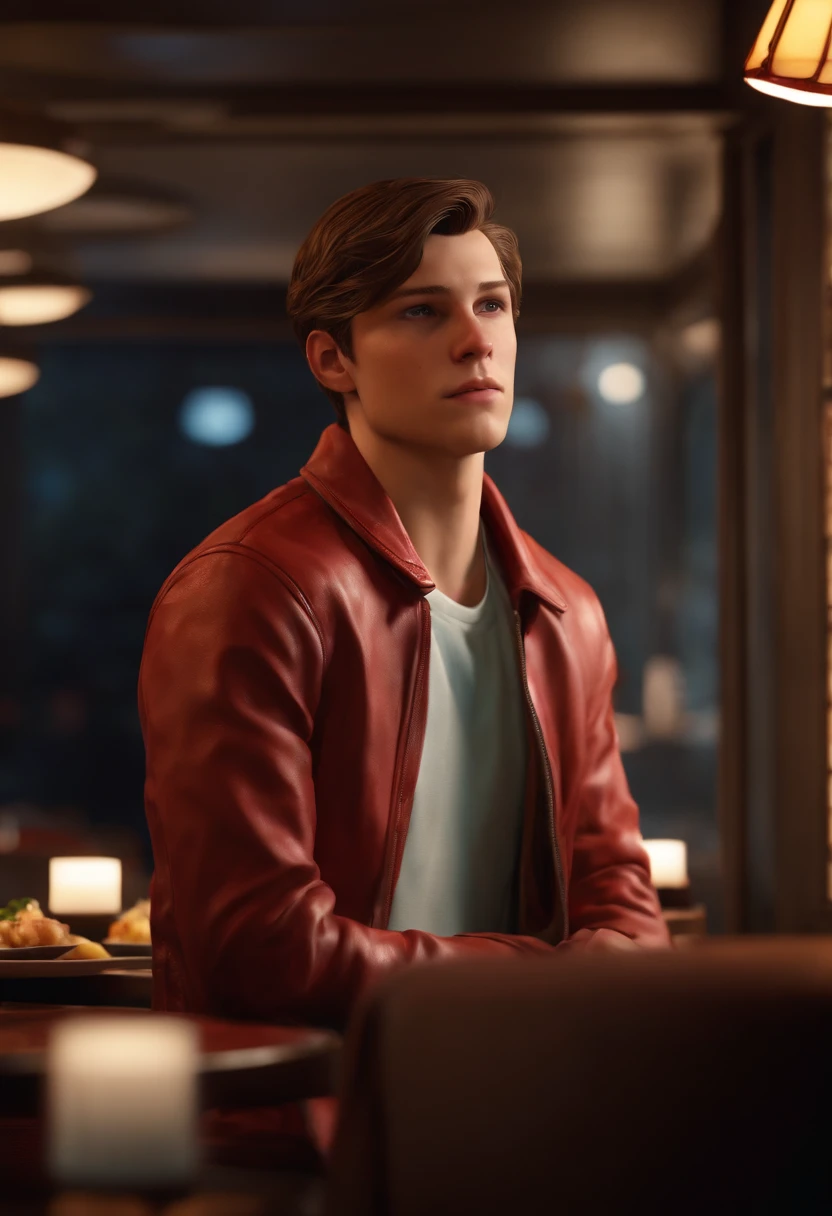 A photo of Nathan at a high-end restaurant, looking disdainfully at the menu,Life is Strange video game series,Nathan is a age boy with blue eyes, slicked back light brown hair, light freckles, wears a red letterman jacket, mean expression