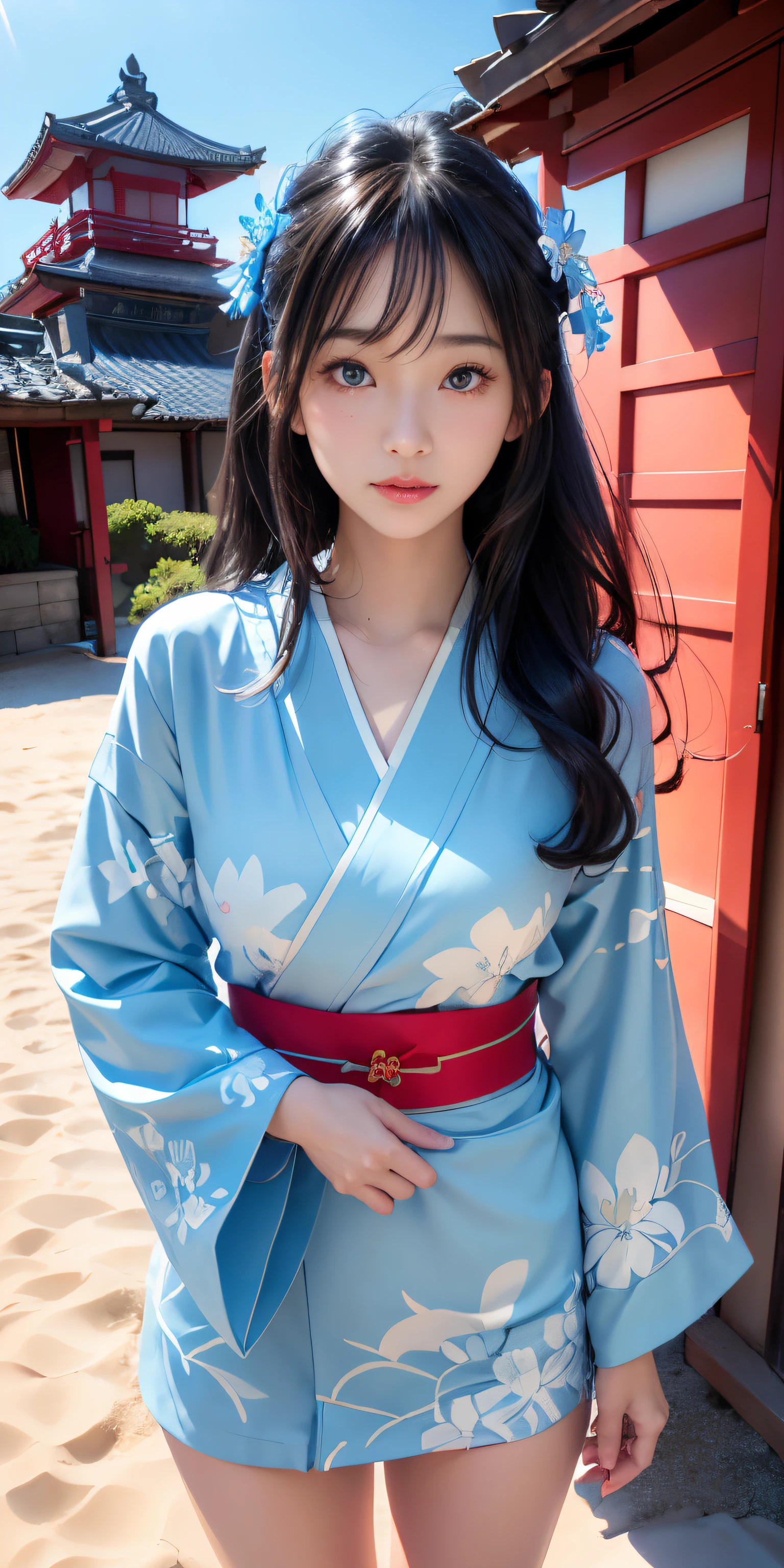 (Light blue kimono:1.2)、(Komono:1.2)、(Bright floral pattern)、(long-sleeve)、1 girl、full body Esbian、(long hair)、(reallistic:1.7)、((Top image quality))、absurderes、(超A high resolution)、(Photorealsitic:1.6)、Photorealsitic、octane renderings、(hyper realisitic:1.2)、(photorealiscic face:1.2)、(8K)、(4K)、(masterpiece)、(realistic skin textures)、(illustratio、Cinematographic lighting、wall-paper)、(beautidful eyes:1.2)、((((face perfect))))、(cute little)、(is standing)、red-lips、outside of house、(Japanese Style Country)、Detailed cute face、Realistic Beauty、Light in the eyes、Looking at the camera、placket、Dimples