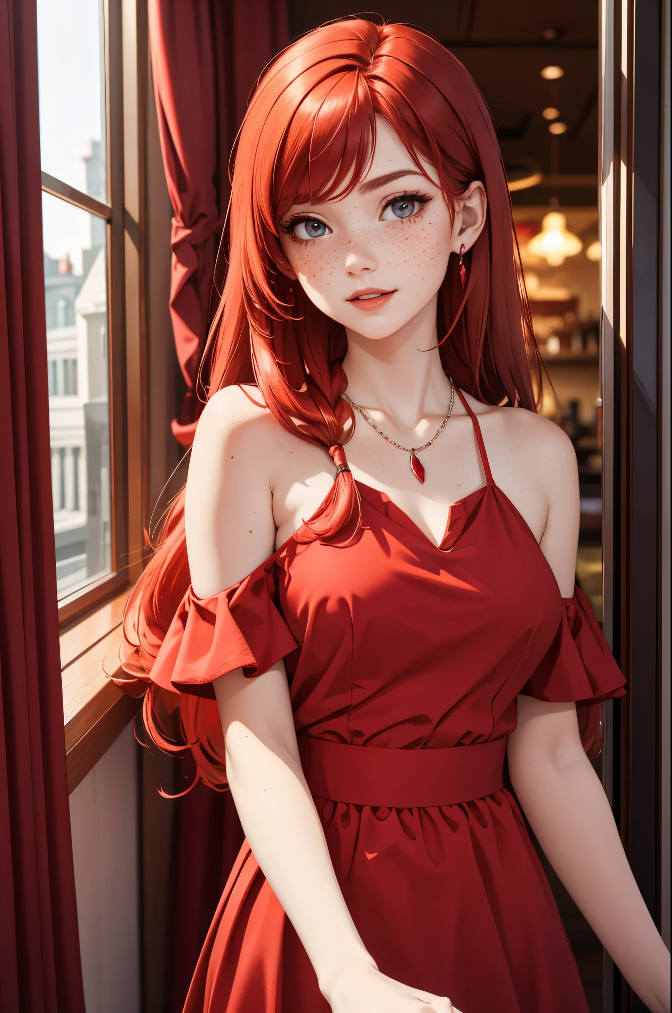 masterpiece, best quality, 1female, red hair, pale skin, cute face, freckles, red dress, restaurant background, elegant necklace, long hair