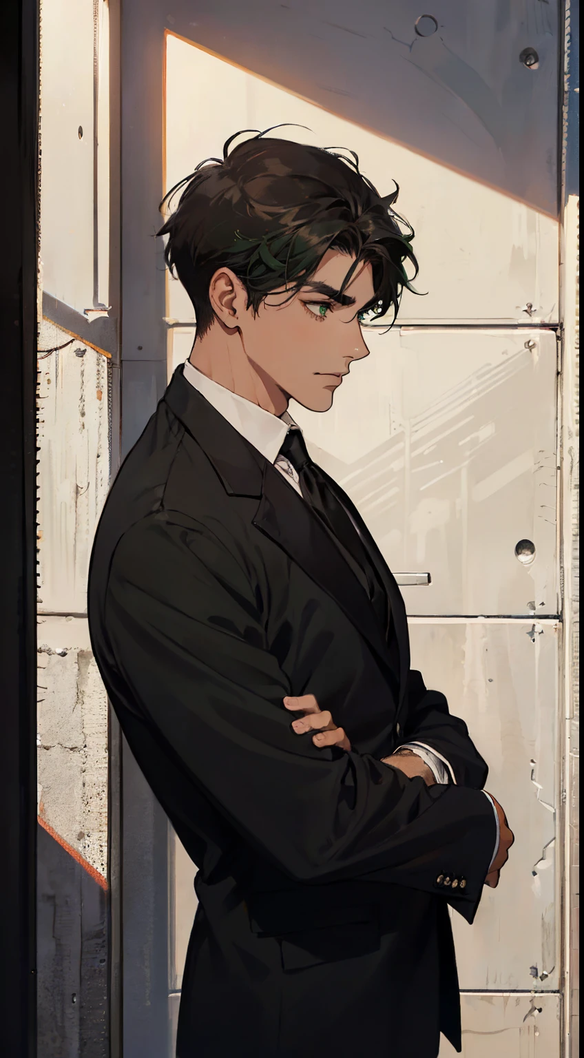 ((One person with a black suit and tie)), taken in the early 1960s, gotham, alejandro, he looks very sophisticated, (((left-side swept black short hair))), (dark green eyes and thick eyebrows), smirk, ((20 years old)), ((masterpiece)), posture dynamic, ((brown skin))