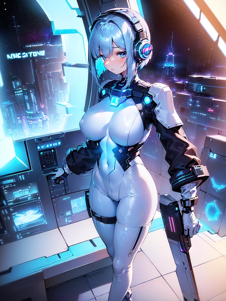 masterpiece:1.4, 1girl in ((20yr old, Wearing a futuristic white and silver costume, Tight Fit Bodysuit, long boots, Very gigantic-breasts, (Colorful blue hair):1.3, a short bob, Perfect model body, Blue eyes:1.2, Wearing headphones, Looking out the window of the futuristic sci-fi space station、While admiring the beautiful galaxy:1.2, SFSF control room on night background:1.1, Neon and energetic atmosphere:1.2)) ((Galaxy))