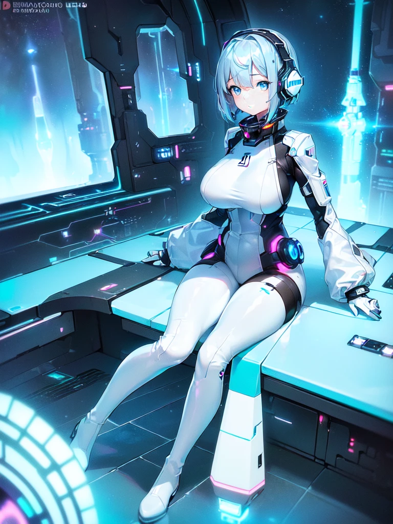 masterpiece:1.4, 1girl in ((20yr old, Wearing a futuristic white and silver costume, Tight Fit Bodysuit, long boots, Very gigantic-breasts, (Colorful blue hair):1.3, a short bob, Perfect model body, Blue eyes:1.2, Wearing headphones, Looking out the window of the futuristic sci-fi space station、While admiring the beautiful galaxy:1.2, SFSF control room on night background:1.1, Neon and energetic atmosphere:1.2)) ((Galaxy))