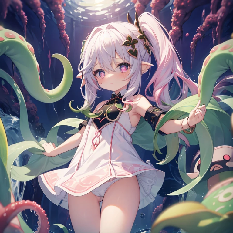 Best Quality, (cute petit girl:1.3), flat chest,Beautiful pink eyes、Lori、(Cuteness beyond limits),(White underwear),lovely thighs,is crying,a miniskirt,Expose panties、(Cute underwear:1.3) 、attacked by tentacles、attacked by tentacles、attacked by tentacles、tentacle erotica