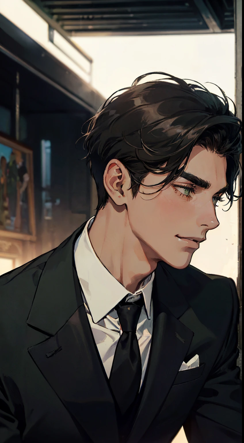 ((One person with a black suit and tie)), taken in the early 1960s, gotham, alejandro, he looks very sophisticated, (((left-side swept black medium hair))), (dark green eyes and thick eyebrows), smirk, ((20 years old)), ((masterpiece)), posture dynamic, ((brown skin))