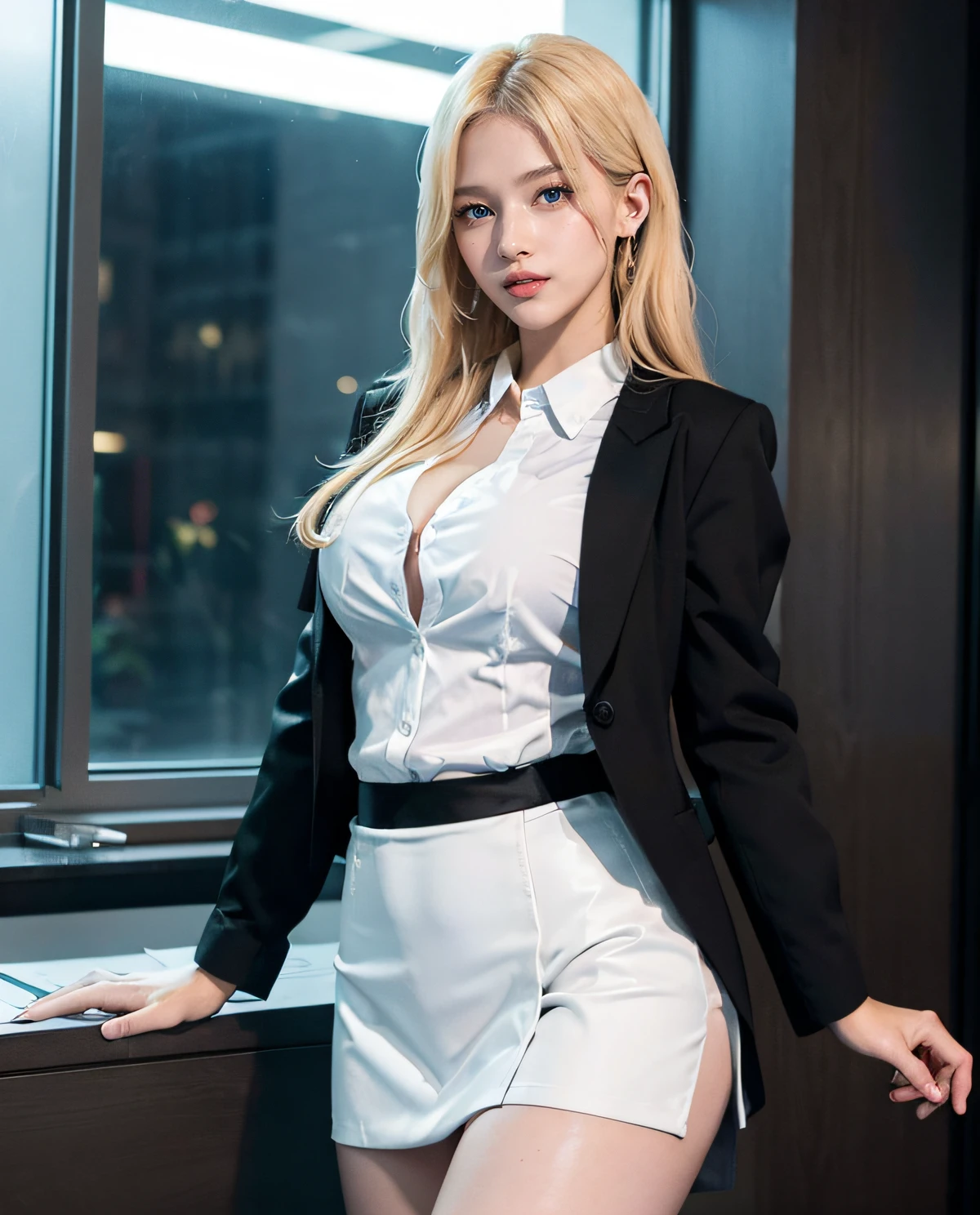 1girl, (Blue Eyes), (smiling :1.2), (beautiful makeup), (wide hips), (big tits), (big ass), (Best Quality, 8k, Masterpiece: 1.3), Clear Focus: 1.2, Perfect Body Beauty: 1.4, Highly detailed face and skin texture, (detailed eyes), double eyelids, (blonde long hair :1.4), ((white dress shirt :1.2)), (gray blazer and gray Mini skirt :1.3), standing, dynamic pose, in a office, computer in the background