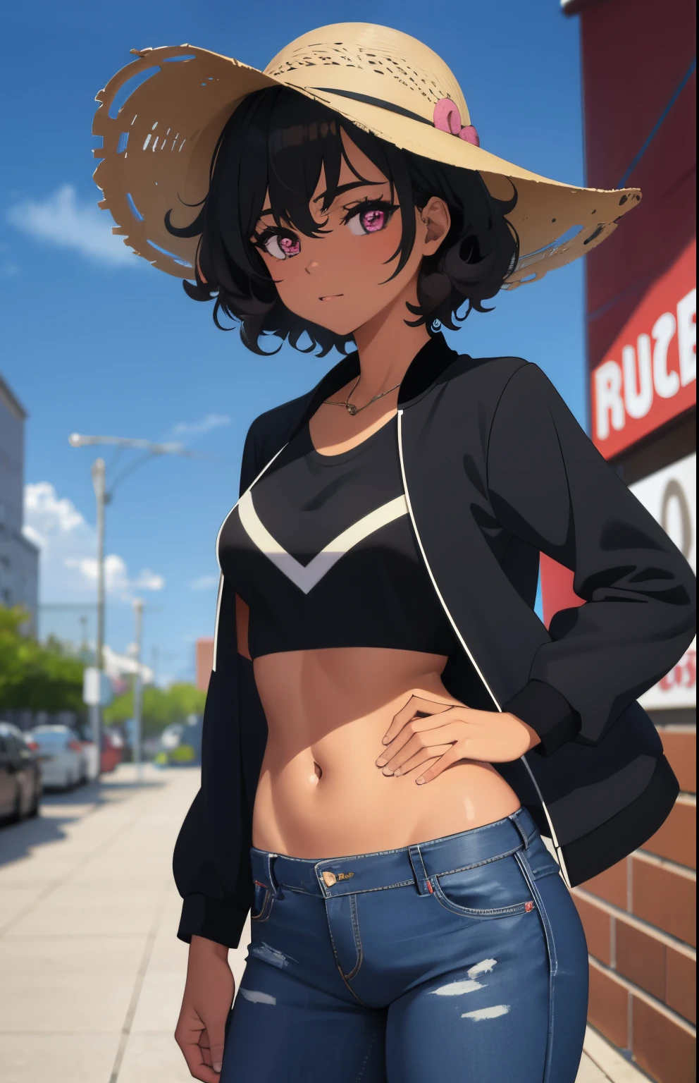 1 girl, brown skin, (masterpiece), (Appearance ************), curly hair, Small breasts, Black hair, short hair, pink eyes, Black jacket, white shirt, jeans, anime girl, latina,