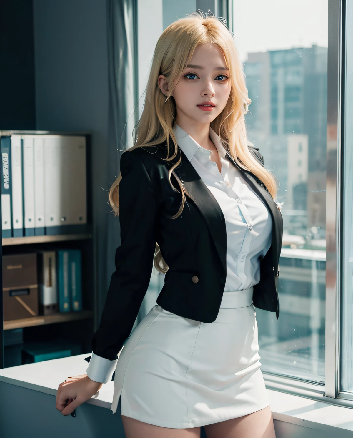 1girl, (Blue eyes), (Smile), (Sana Minatozaki), wide hips, Big Boobs, big ass, round butt, (Best Quality, 8k, Masterpiece: 1.3), perfect hands, Clear Focus: 1.2, Perfect Body Beauty: 1.4 , Slender Abs: 1.2, Highly detailed face and skin texture, detailed eyes, double eyelids, (blonde long hair), (white secretary shirt black formal mini skirt and black blazer :1.3), (sexy secretary :1.3), standing, dynamic pose, in an office, windows in the background