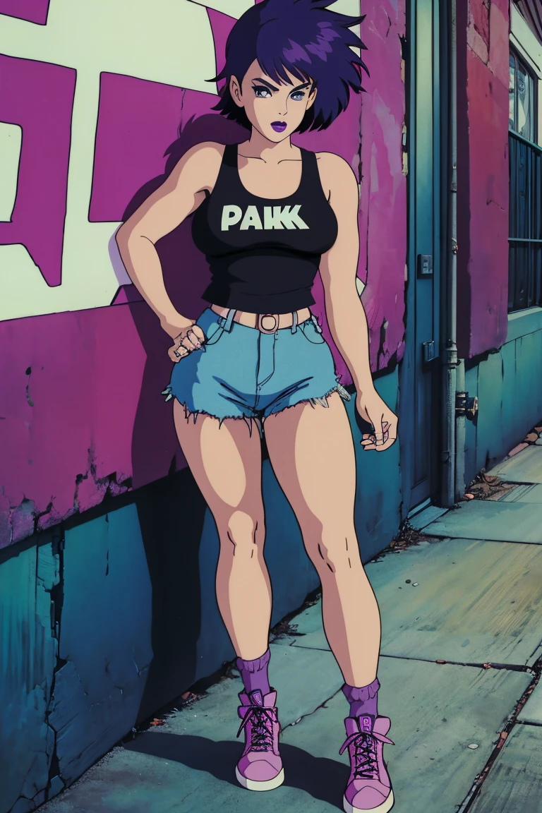 Punk girl, punk hair, dyed purple hair, medium hair, ripped tank top shirt, black biker shorts, medium socks, retro footwear, medium breasts, wallpaper, close up, pinup, standing upright, looking at viewer, blue eye, black lipstick, eyeliner, 1980’s