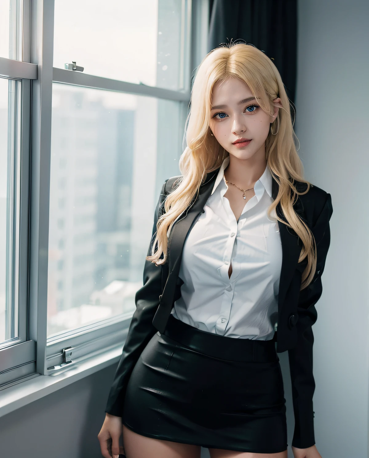 1girl, (Blue eyes), (Smile), (Sana Minatozaki), wide hips, Big Boobs, big ass, round butt, (Best Quality, 8k, Masterpiece: 1.3), perfect hands, Clear Focus: 1.2, Perfect Body Beauty: 1.4 , Slender Abs: 1.2, Highly detailed face and skin texture, detailed eyes, double eyelids, (blonde long hair), (white secretary shirt black formal mini skirt and black blazer :1.3), (sexy secretary :1.3), standing, dynamic pose, in an office, windows in the background