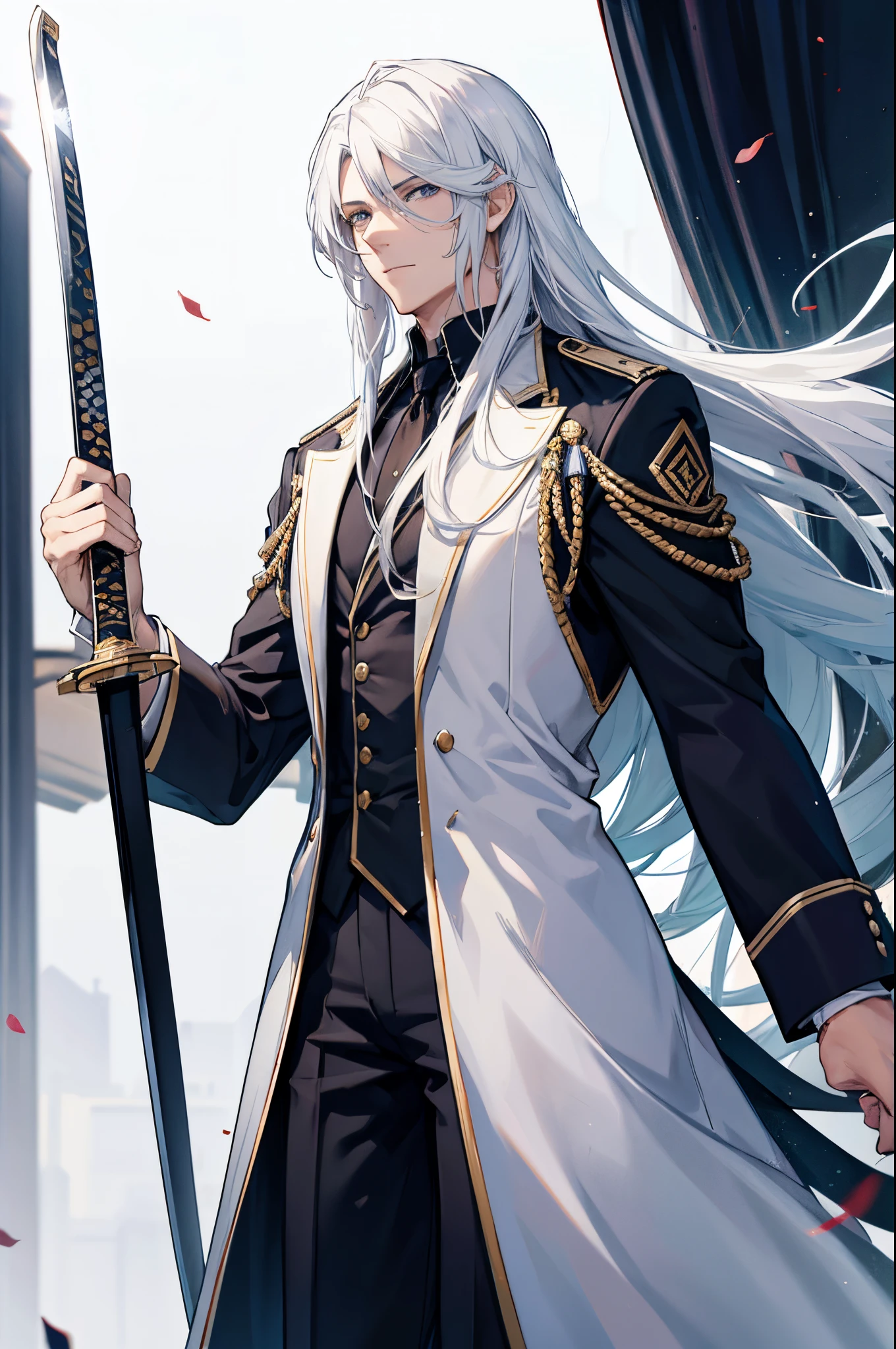 A handsome man with long white hair and a sword.