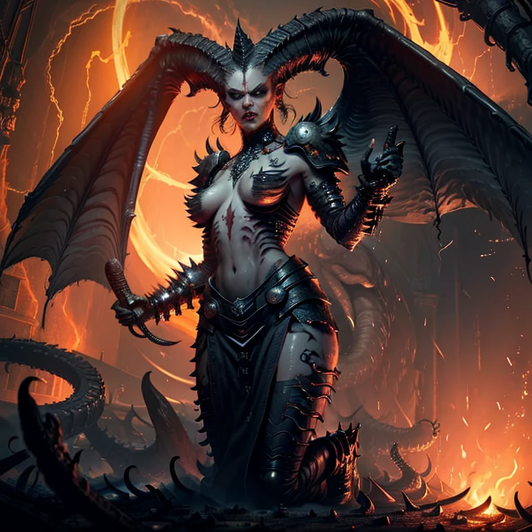 Lilith inside an asylum, fire, lightning, blood, Respect the details of the full body, gravity, Face & Chest, BJ, Blowjobs, Fellation, armor, black, futuristic Evil, best quality, Dynamic Perspective full body details, R 1 8, NSFW, background, sperm Giant Worm, angry look, Infected with evil, lava, volcanoes, lava sea, in the style of D14bl0